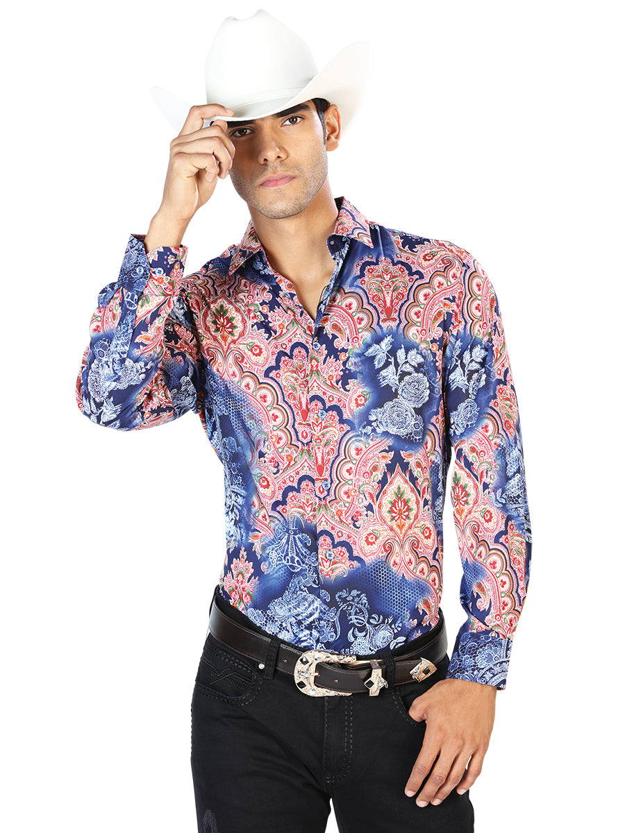 Casual Shirt L/ Sleeve El Señor de los Cielos WH-160 97% Polyester 3% Spandex Navy Blue/Red/Gold