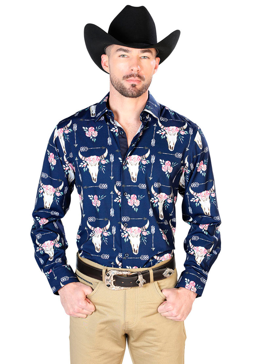 Casual Shirt L/ Sleeve El Señor de los Cielos 612055 95% Polyester 5% Spandex NAVY BLUE/BEIGE