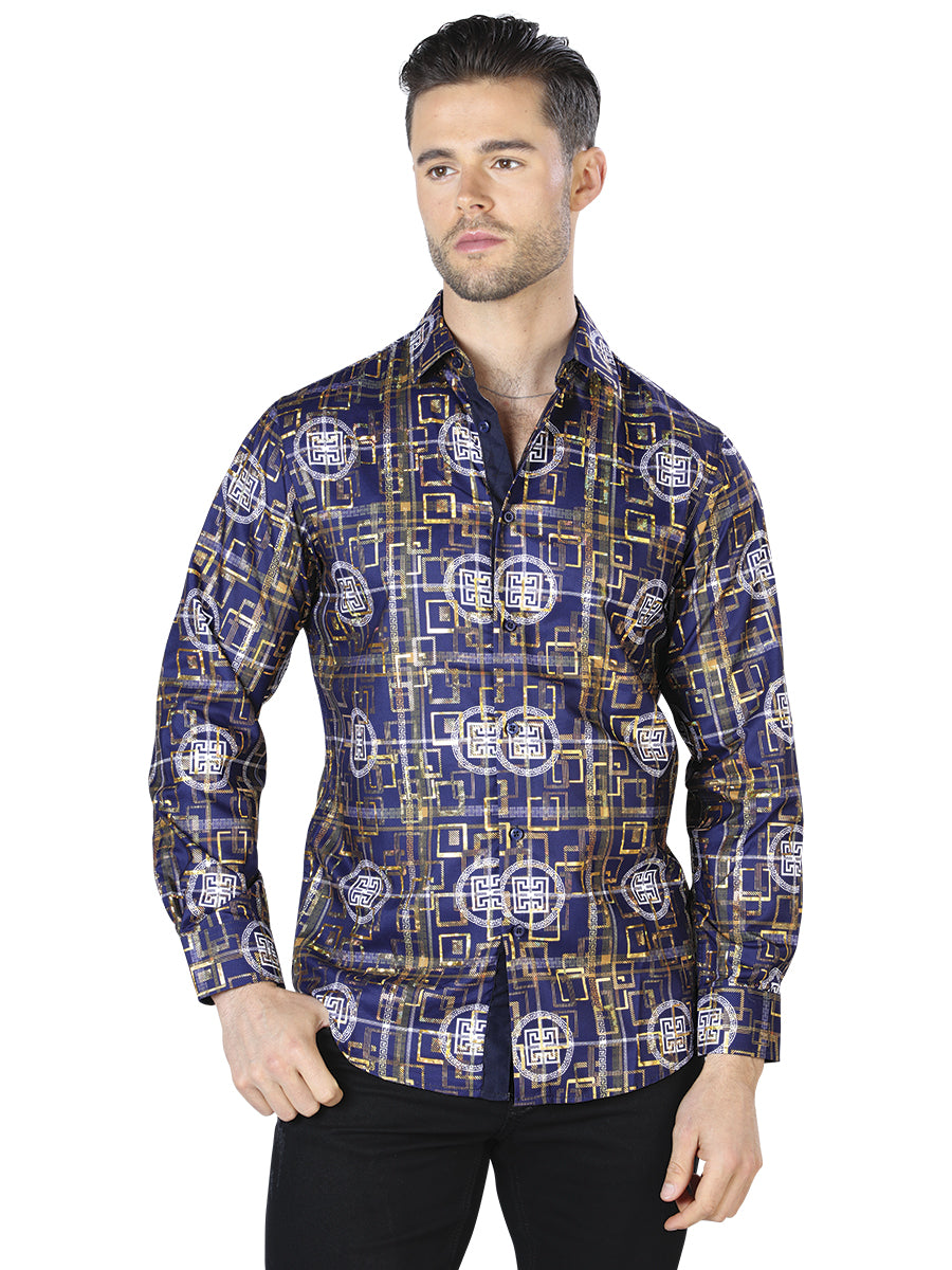 Casual Shirt L/ Sleeve El Señor de los Cielos WH10-012 100% POLYESTER Navy/Gold