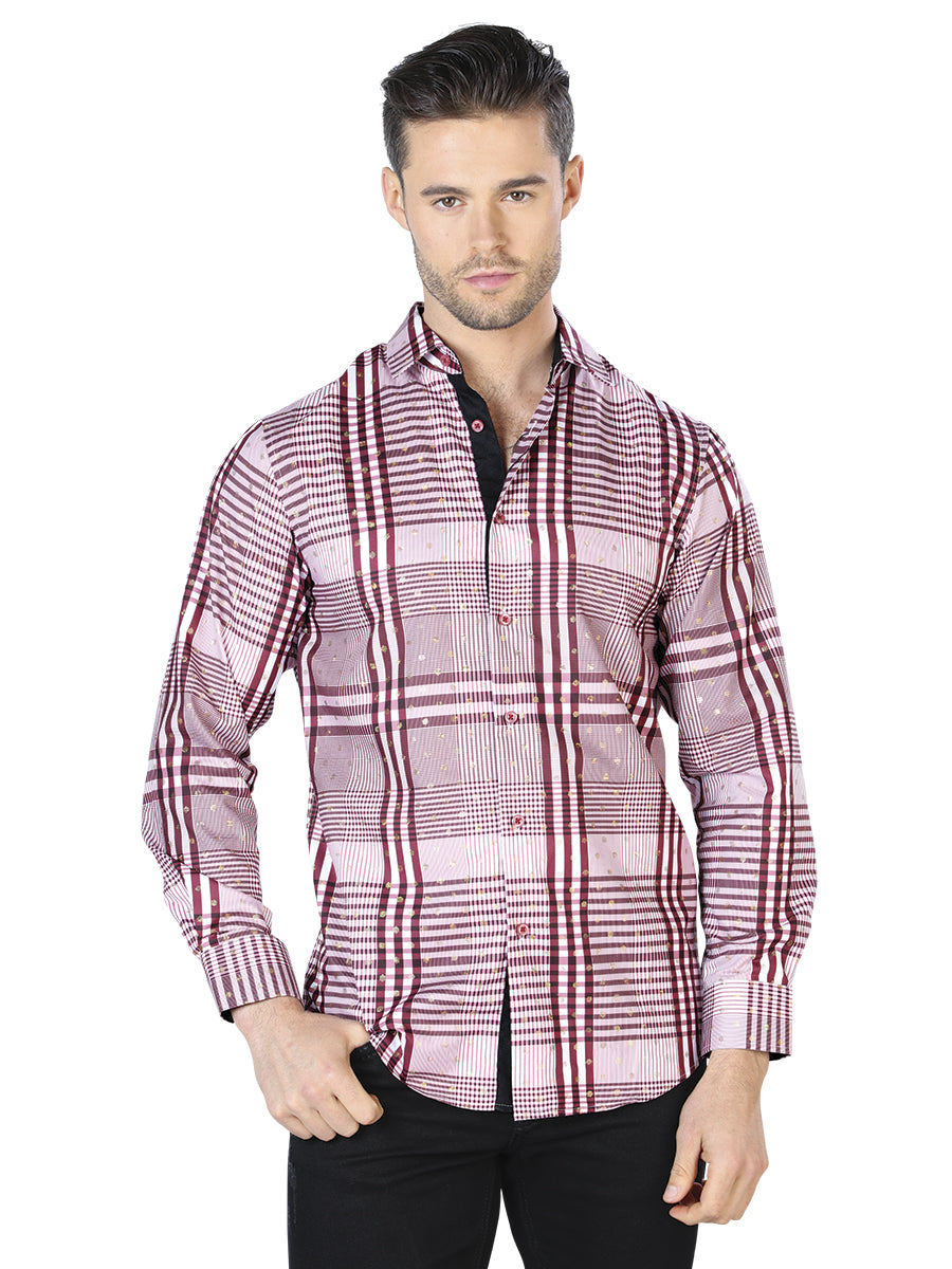 Casual Shirt L/ Sleeve El Señor de los Cielos WH10-015 100% POLYESTER WINE/WHITE