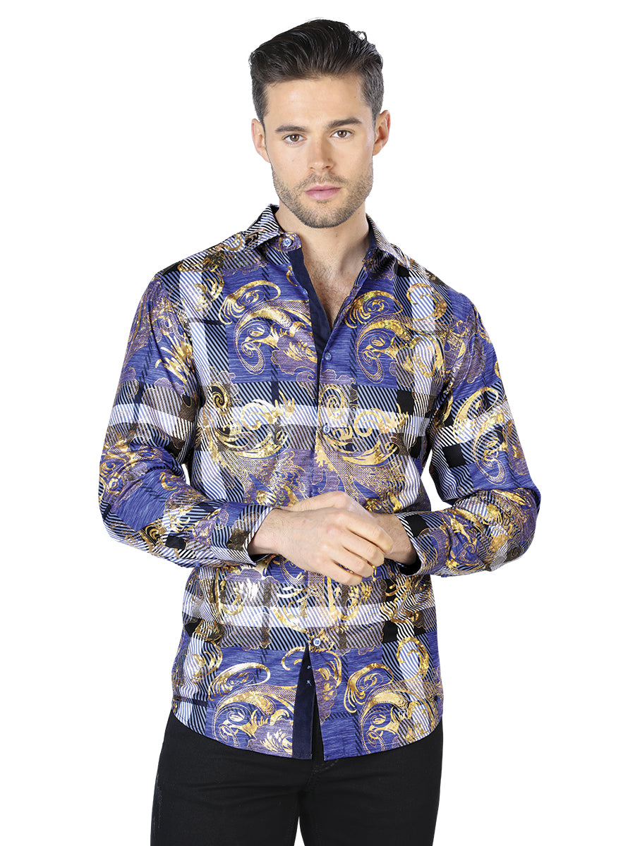 Casual Shirt L/ Sleeve El Señor de los Cielos wh10-021 100% POLYESTER Blue/Gold Print